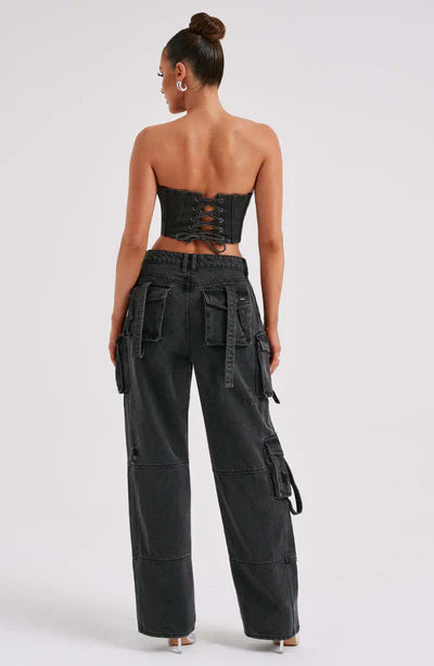 DENIM CORSET TOP & BROOKLYN CARGO PANT SET | DARK DENIM CORSET TOPDENIM CORSET TOP WITH STRAPS | DENIM CORSET TOP AND JEANS