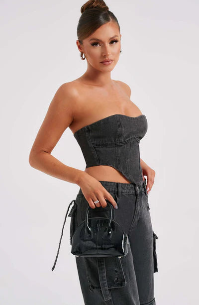 DENIM CORSET TOP & BROOKLYN CARGO PANT SET | DARK DENIM CORSET TOPDENIM CORSET TOP WITH STRAPS | DENIM CORSET TOP AND JEANS