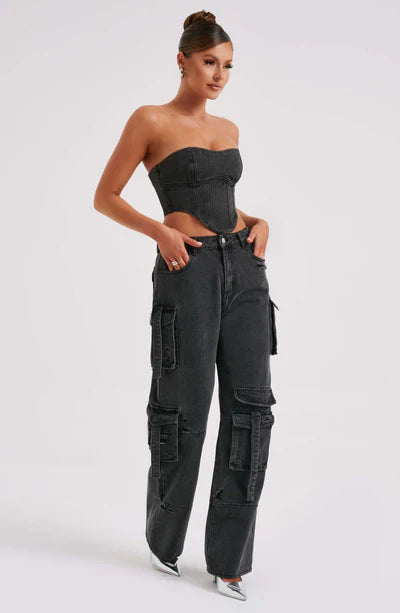 DENIM CORSET TOP & BROOKLYN CARGO PANT SET | DARK DENIM CORSET TOPDENIM CORSET TOP WITH STRAPS | DENIM CORSET TOP AND JEANS