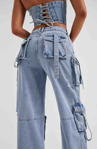 DENIM CORSET TOP & BROOKLYN CARGO PANT SET | LIGHT BLUE DENIM CARGO PANTS | WIDE LEG DENIM CARGO PANTS | HIGH WAIST DENIM CARGO PANTS | LADIES DENIM CARGO PANTS | BLUE DENIM CARGO PANTS | PLUS SIZE DENIM CARGO PANTS | DENIM WOMEN'S CARGO PANTS | WOMEN'S CARGO DENIM PANTS 