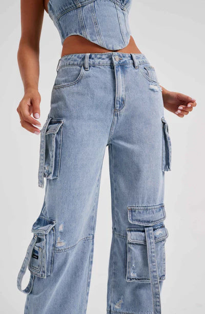 DENIM CORSET TOP & BROOKLYN CARGO PANT SET | LIGHT BLUE DENIM CARGO PANTS | WIDE LEG DENIM CARGO PANTS | HIGH WAIST DENIM CARGO PANTS | LADIES DENIM CARGO PANTS | BLUE DENIM CARGO PANTS | PLUS SIZE DENIM CARGO PANTS | DENIM WOMEN'S CARGO PANTS | WOMEN'S CARGO DENIM PANTS 