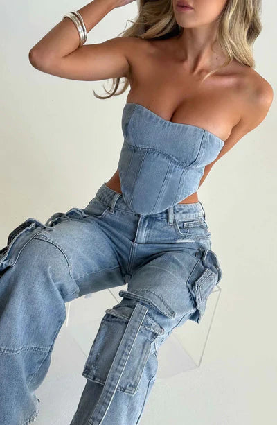 DENIM CORSET TOP & BROOKLYN CARGO PANT SET | LIGHT DENIM CORSET TOP | CORSET STYLE DENIM TOP | BLUE DENIM CORSET TOP | DENIM CORSET TANK TOP | WOMEN'S DENIM CORSET TOP | DENIM CORSET TOP 