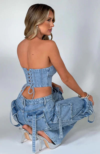 DENIM CORSET TOP & BROOKLYN CARGO PANT SET | DARK DENIM CORSET TOPDENIM CORSET TOP WITH STRAPS | DENIM CORSET TOP AND JEANS