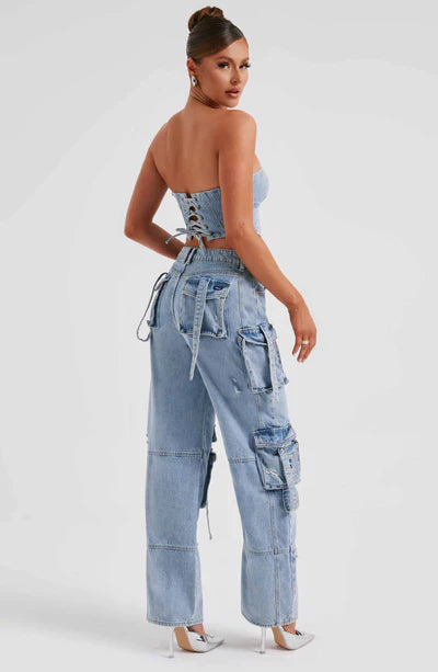 DENIM CORSET TOP & BROOKLYN CARGO PANT SET | DARK DENIM CORSET TOPDENIM CORSET TOP WITH STRAPS | DENIM CORSET TOP AND JEANS